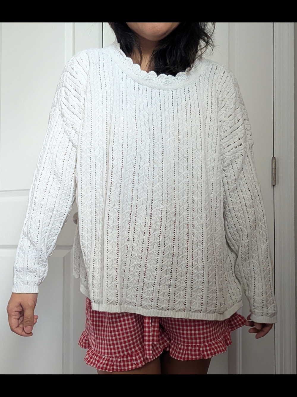 Magpie 100% Cotton White Cable Knit Ruffle Crewneck Pullover Sweater